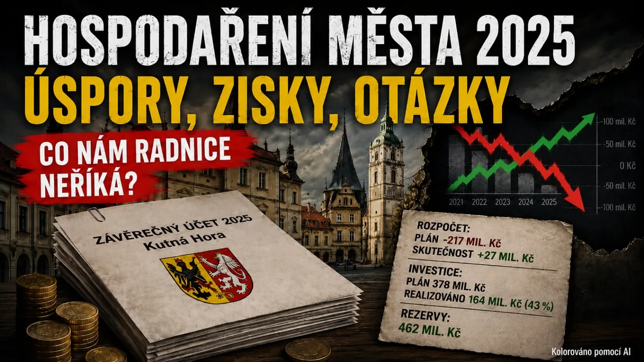 Koláž k hospodaření Kutné Hory za rok 2025: dokument Závěrečný účet 2025 s městským znakem na pozadí náměstí, ilustrační graf vývoje 2021-2025 a přehled částek - rozpočet plán minus 217 mil. Kč versus skutečnost plus 27 mil. Kč, investice plán 378 mil. Kč a realizováno 164 mil. Kč (43 %), rezervy 462 mil. Kč. Titulek: Hospodaření města 2025, úspory, zisky, otázky. Fotografie je kolorovaná pomocí AI.