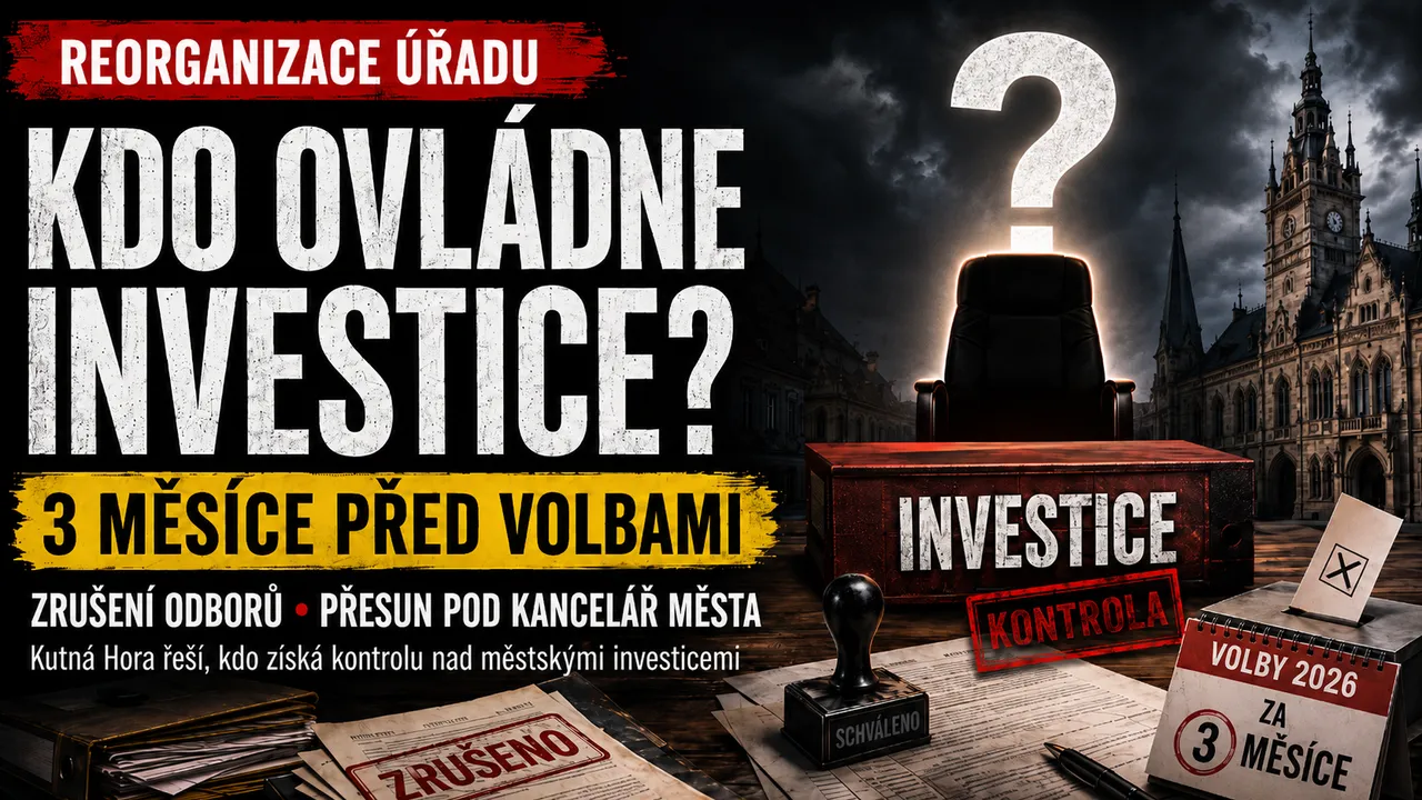 Plakát ke komentáři: tmavá dramatická scéna s prázdným koženým ředitelským křeslem za psacím stolem s nápisem INVESTICE a razítkem KONTROLA, v pozadí budova Vlašského dvora pod bouřkovým nebem. Vpravo dole volební urna s lístkem a kalendář VOLBY 2026, ZA 3 MĚSÍCE. Vlevo dole rozházené dokumenty s razítky ZRUŠENO a SCHVÁLENO. Přes obraz titulek: Reorganizace úřadu, Kdo ovládne investice? 3 měsíce před volbami. Zrušení odborů, přesun pod kancelář města. Ilustrační obrázek vytvořený pomocí AI.