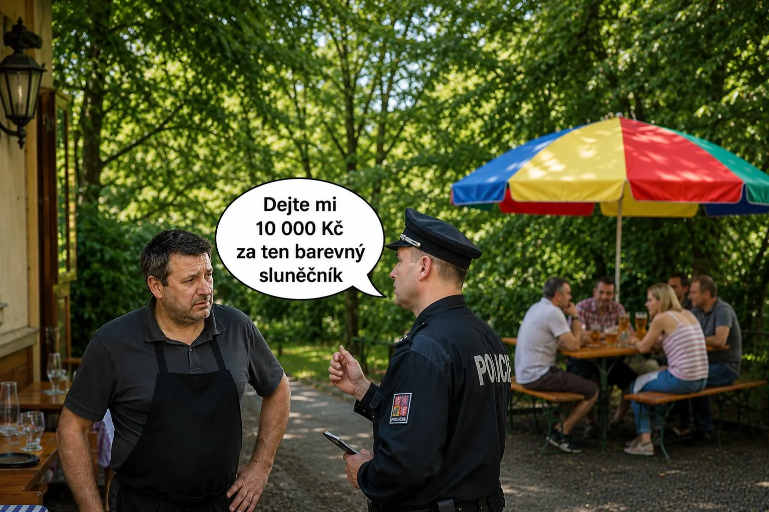Ilustrace: strážník s blokem v ruce ukazuje hostinskému v zástěře na barevný slunečník v pozadí a říká: „Dejte mi 10 000 Kč za ten barevný slunečník.“ V pozadí hosté u stolů na předzahrádce.