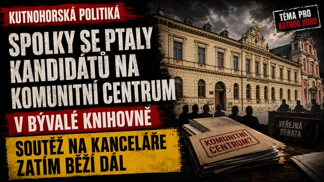 Titulní grafika článku. Vpravo historická budova bývalé městské knihovny s nápisem MĚSTSKÁ KNIHOVNA na fasádě pod bouřkovou oblohou, vedle ní věž barokního kostela. V popředí siluety sedících lidí otočených k panelu s mikrofony a cedule Veřejná debata, dole štos papírů s červeným razítkem Komunitní centrum. Vlevo přes černé, červené a žluté pruhy titulek: Kutnohorská politika, Spolky se ptaly kandidátů na komunitní centrum v bývalé knihovně, Soutěž na kanceláře zatím běží dál. Vpravo nahoře štítek Téma pro Kutnou Horu. Ilustrační grafika vytvořená pomocí AI.