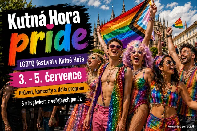 Plakát Kutná Hora Pride: účastníci průvodu s duhovými vlajkami před chrámem svaté Barbory (ilustrační AI obrázek)